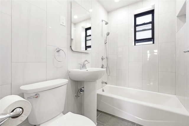 25-40 Union St Unit 6B, Flushing, NY 11354 - full bath featuring tile patterned flooring, bathtub / shower combination, toilet, and tile walls