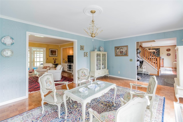 16 Charlotte Dr, Lagrangeville, NY 12540 - living room with stairway, baseboards, crown molding, and a chandelier