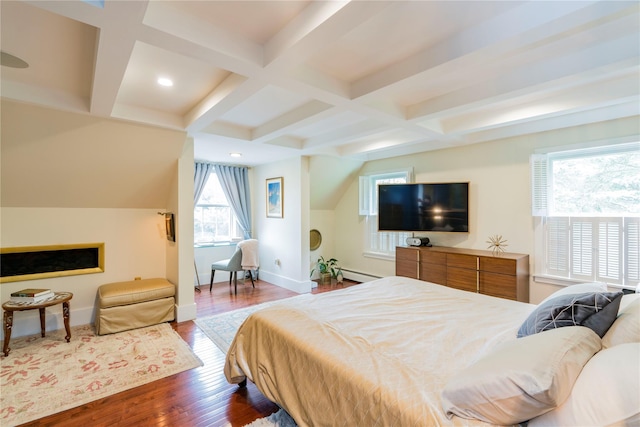 16 Charlotte Dr, Lagrangeville, NY 12540 - bedroom featuring coffered ceiling, baseboard heating, wood finished floors, beam ceiling, and baseboards