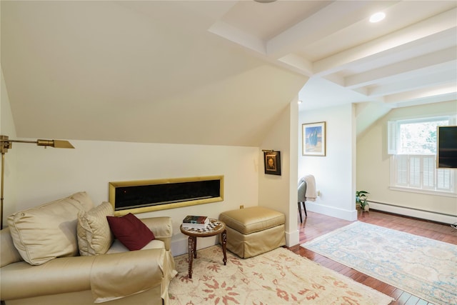 16 Charlotte Dr, Lagrangeville, NY 12540 - living area with beamed ceiling, a baseboard heating unit, wood finished floors, baseboards, and recessed lighting
