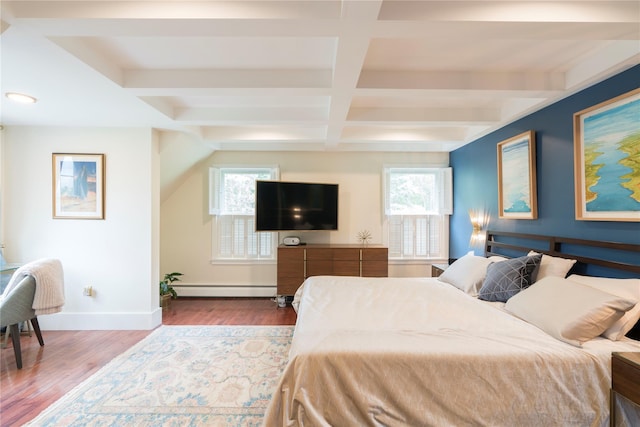 16 Charlotte Dr, Lagrangeville, NY 12540 - bedroom with baseboard heating, baseboards, beam ceiling, coffered ceiling, and wood finished floors