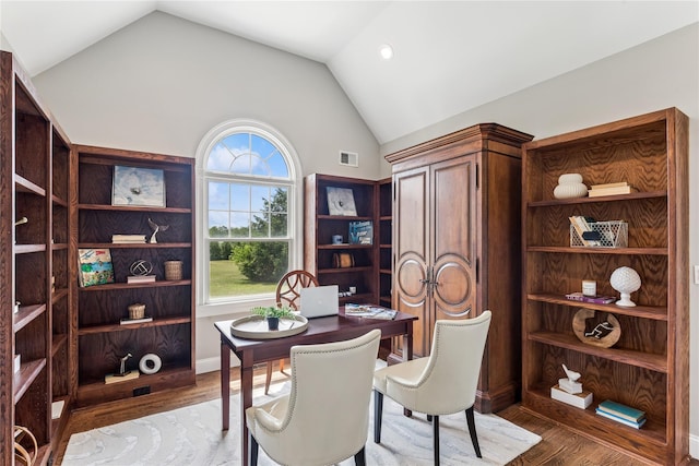 1465 Ackerly Pond Ln, Southold, NY 11971 - office area featuring wood finished floors and lofted ceiling