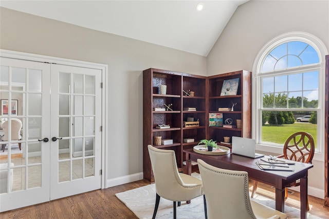 1465 Ackerly Pond Ln, Southold, NY 11971 - office area featuring french doors, vaulted ceiling, and wood finished floors
