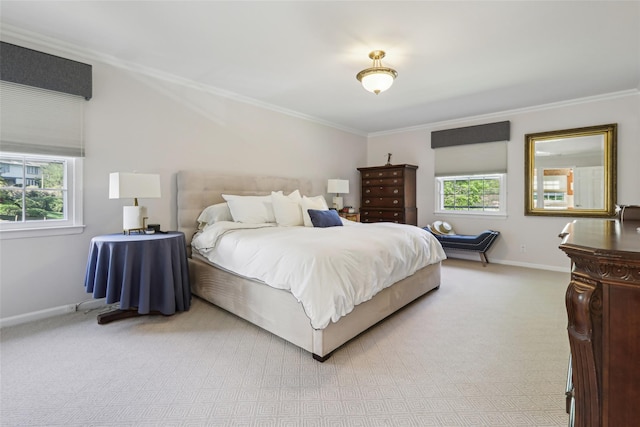 bedroom with light carpet, baseboards, multiple windows, and ornamental molding