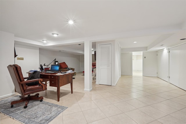 rec room featuring a desk, light tile patterned floors, recessed lighting, and baseboards