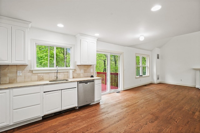 98 Smith Ridge Rd, South Salem, NY 10590 - kitchen with dishwasher, a sink, backsplash, white cabinetry, and wood finished floors