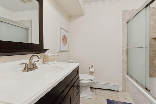 720 Midwood Rd, Cutchogue, NY 11935 - full bath with a baseboard heating unit, crown molding, vanity, combined bath / shower with glass door, and tile patterned floors