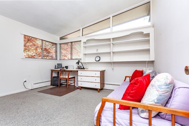 office area with carpet flooring, lofted ceiling, and baseboard heating
