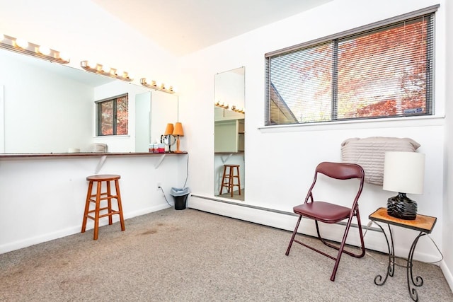 living area featuring baseboards and carpet
