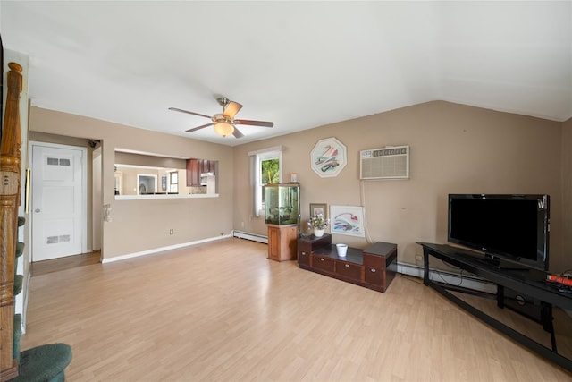 96 Pardee Ave, Islip, NY 11751 - living area with a baseboard radiator, a wall mounted air conditioner, ceiling fan, wood finished floors, and baseboards