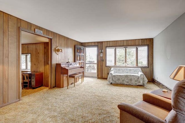 carpeted bedroom with wood walls