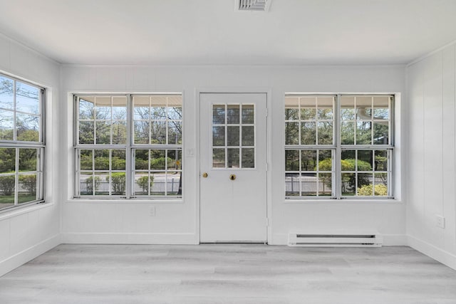 doorway to outside with baseboards, baseboard heating, wood finished floors, and visible vents