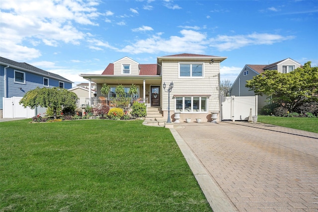 86 Jefferson Ave, Island Park, NY 11558 - view of front of home featuring driveway, fence, covered porch, and a front yard