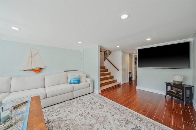 86 Jefferson Ave, Island Park, NY 11558 - living room with recessed lighting, baseboards, wood finished floors, and stairway