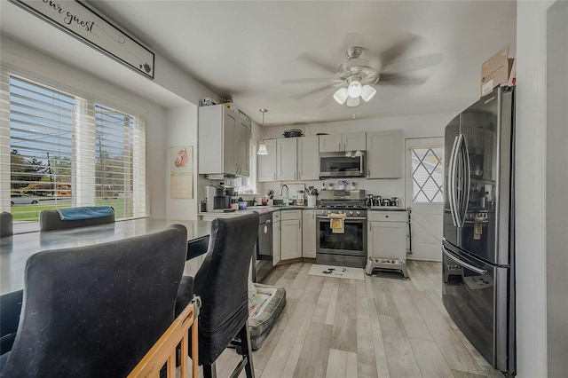 203 N Coleman Rd, Centereach, NY 11720 - kitchen featuring stainless steel appliances, ceiling fan, light wood-style floors, decorative light fixtures, and a sink