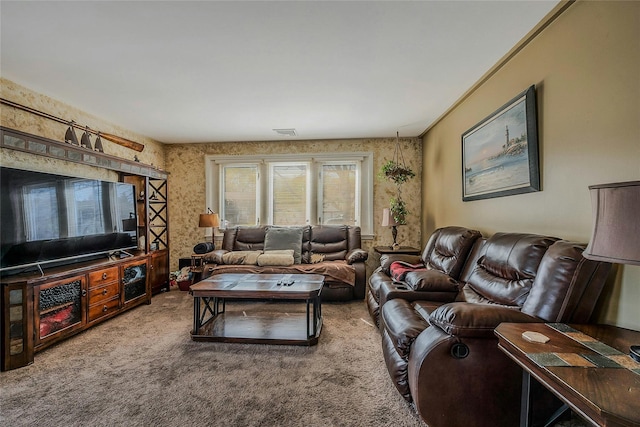 203 N Coleman Rd, Centereach, NY 11720 - living room featuring carpet floors and wallpapered walls