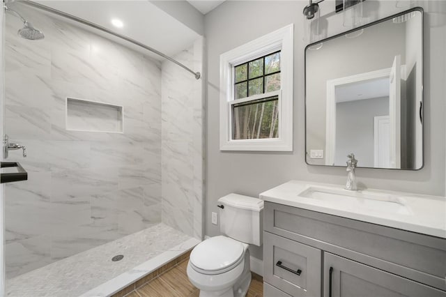 bathroom featuring toilet, a marble finish shower, and vanity
