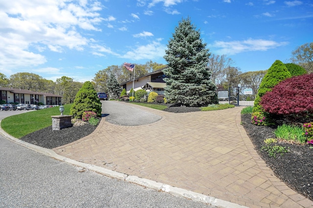 view of property's community featuring fence, a gate, and curved driveway