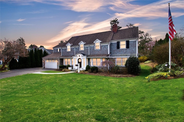 52 Northwoods Rd, Manhasset, NY 11030 - shingle-style home featuring asphalt driveway, a front yard, a chimney, and a garage