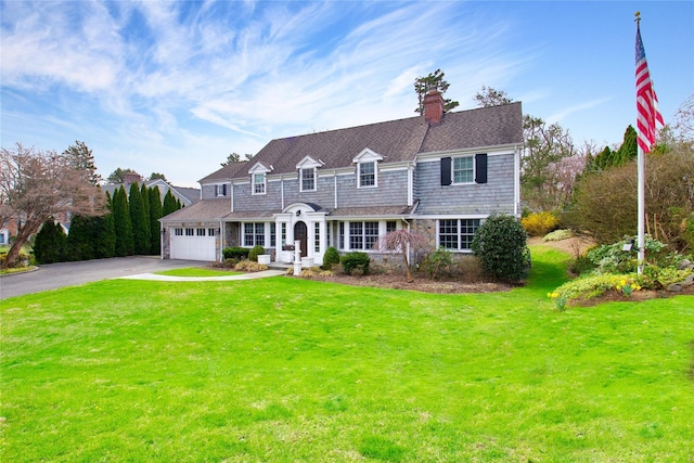52 Northwoods Rd, Manhasset, NY 11030 - shingle-style home featuring driveway, a front lawn, a chimney, and a garage