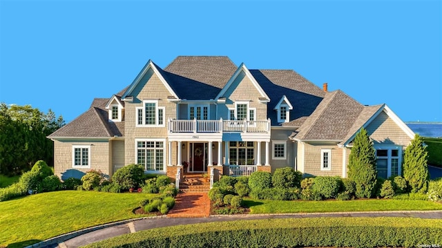 1640 Grandview Dr, Orient, NY 11957 - view of front of house with covered porch, a front lawn, a balcony, and a shingled roof