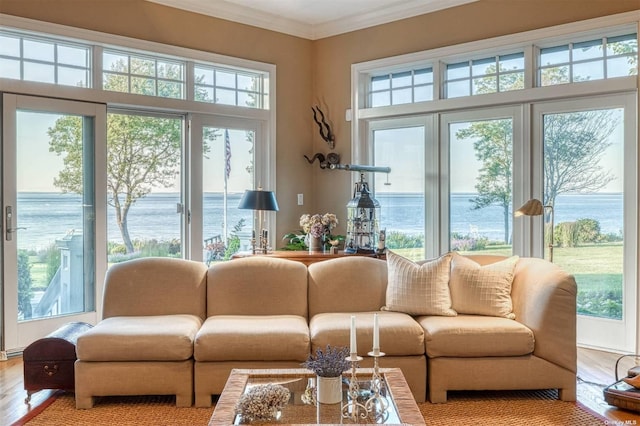 1640 Grandview Dr, Orient, NY 11957 - living area featuring healthy amount of natural light, a water view, wood finished floors, and crown molding