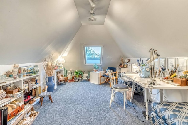 1640 Grandview Dr, Orient, NY 11957 - office area featuring carpet, vaulted ceiling, and track lighting