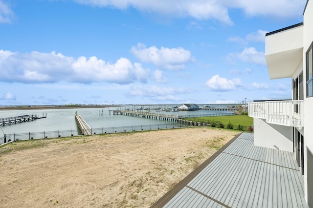 exterior space with a water view
