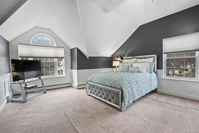bedroom featuring carpet floors, a wainscoted wall, and lofted ceiling
