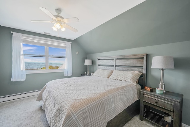 7 Grandview Dr, Shirley, NY 11967 - bedroom with carpet flooring, a baseboard heating unit, multiple windows, and vaulted ceiling