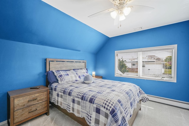 7 Grandview Dr, Shirley, NY 11967 - carpeted bedroom featuring a ceiling fan, baseboards, vaulted ceiling, a baseboard radiator, and visible vents