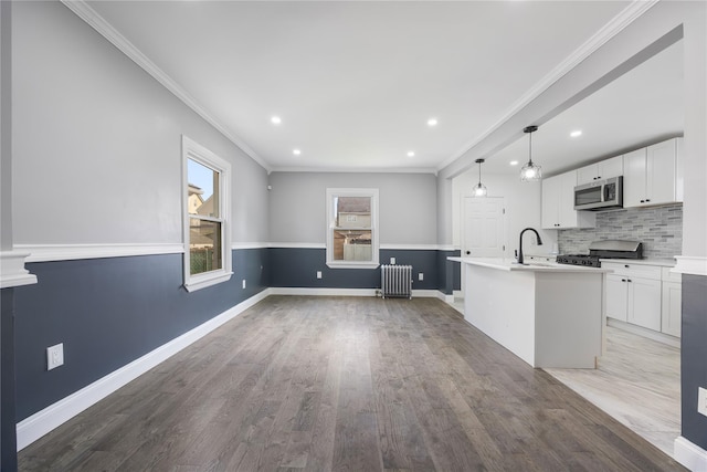 186-09 Dormans Rd, Saint Albans, NY 11412 - kitchen with a kitchen island with sink, tasteful backsplash, a sink, radiator heating unit, and stainless steel appliances