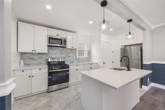 186-09 Dormans Rd, Saint Albans, NY 11412 - kitchen featuring a sink, decorative backsplash, stainless steel appliances, and white cabinets