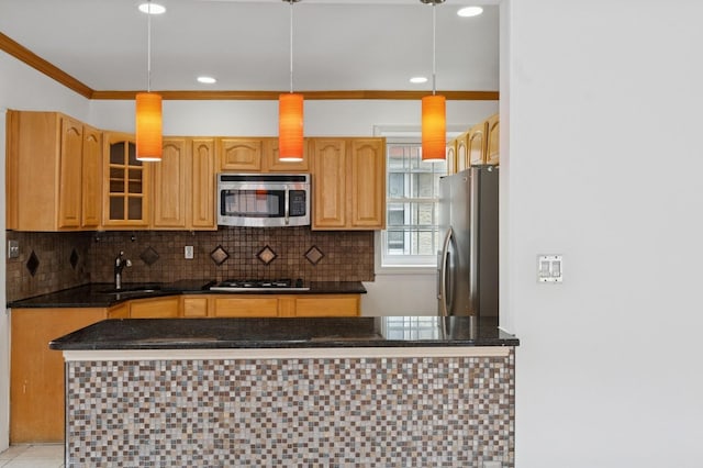 31-50 Buell, East Elmhurst, NY 11369 - kitchen with stainless steel appliances, a sink, glass insert cabinets, dark stone counters, and tasteful backsplash