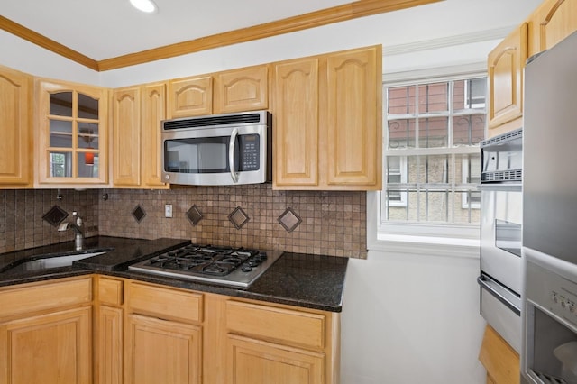31-50 Buell, East Elmhurst, NY 11369 - kitchen featuring stainless steel appliances, tasteful backsplash, glass insert cabinets, light brown cabinets, and ornamental molding