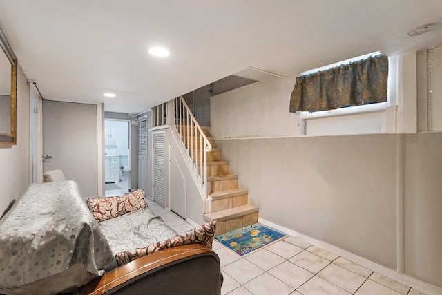 31-50 Buell, East Elmhurst, NY 11369 - finished below grade area featuring tile patterned flooring, stairway, recessed lighting, and baseboards