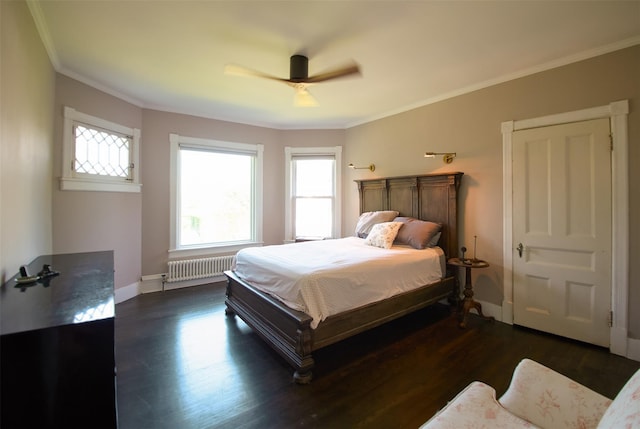 80 Clifton Ave, Kingston, NY 12401 - bedroom with radiator, dark wood-type flooring, crown molding, and a ceiling fan