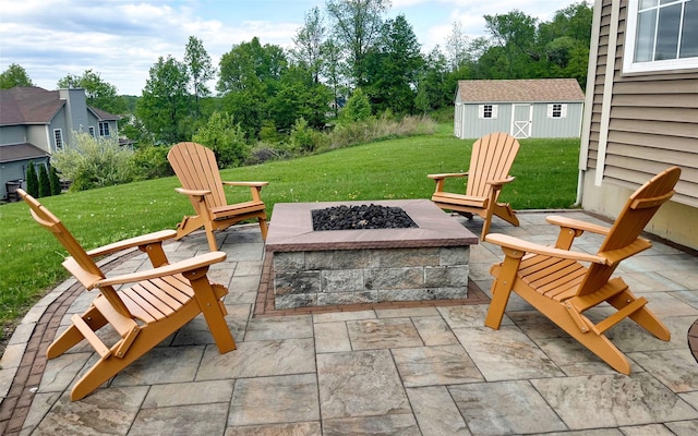54 Fox Hill Run, Rock Tavern, NY 12575 - view of patio / terrace with a fire pit and an outbuilding