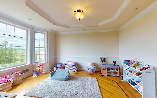 54 Fox Hill Run, Rock Tavern, NY 12575 - playroom featuring a tray ceiling, wood finished floors, and crown molding