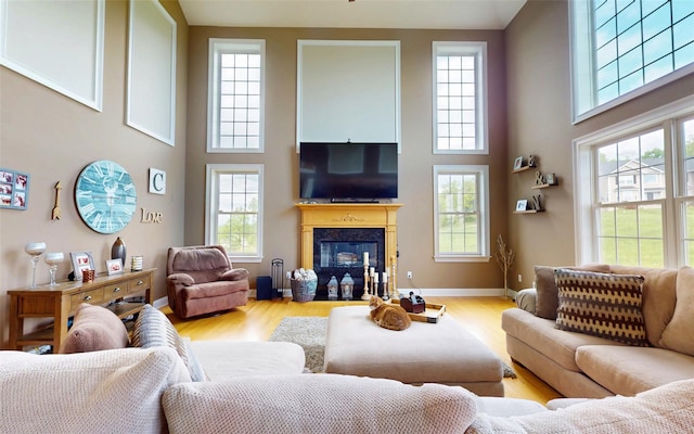 54 Fox Hill Run, Rock Tavern, NY 12575 - living room with a towering ceiling, a glass covered fireplace, baseboards, and wood finished floors