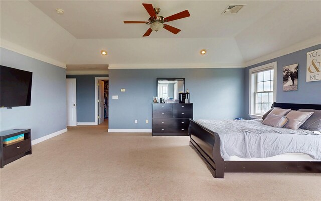 54 Fox Hill Run, Rock Tavern, NY 12575 - carpeted bedroom with multiple windows, vaulted ceiling, baseboards, ornamental molding, and a ceiling fan