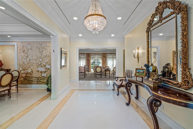167 Brookville Rd, Brookville, NY 11545 - foyer with inlaid floor details, ornamental molding, a chandelier, recessed lighting, and baseboards
