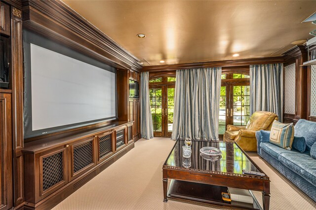 167 Brookville Rd, Brookville, NY 11545 - home theater room featuring french doors, carpet floors, crown molding, and recessed lighting
