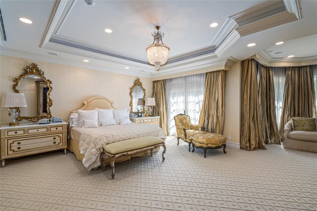 167 Brookville Rd, Brookville, NY 11545 - bedroom featuring light colored carpet, a tray ceiling, ornamental molding, and recessed lighting