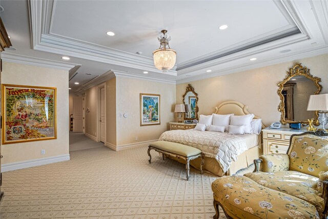 167 Brookville Rd, Brookville, NY 11545 - bedroom featuring a raised ceiling, crown molding, recessed lighting, light carpet, and baseboards