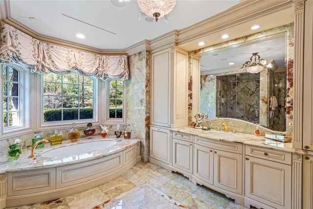 167 Brookville Rd, Brookville, NY 11545 - full bath featuring a garden tub, crown molding, vanity, recessed lighting, and marble finish flooring