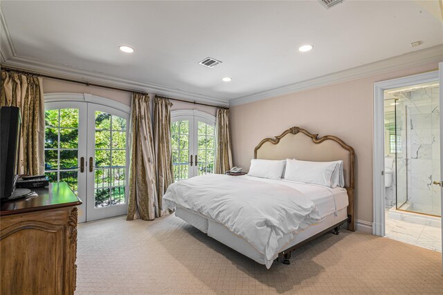 167 Brookville Rd, Brookville, NY 11545 - bedroom featuring french doors, access to exterior, recessed lighting, ornamental molding, and ensuite bathroom