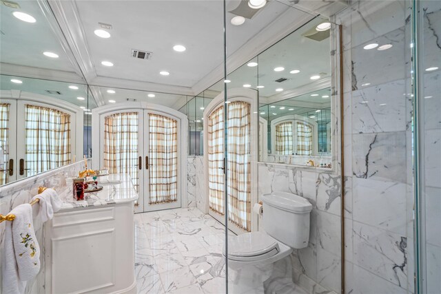 167 Brookville Rd, Brookville, NY 11545 - bathroom with french doors, toilet, marble tiled flooring, vanity, and recessed lighting