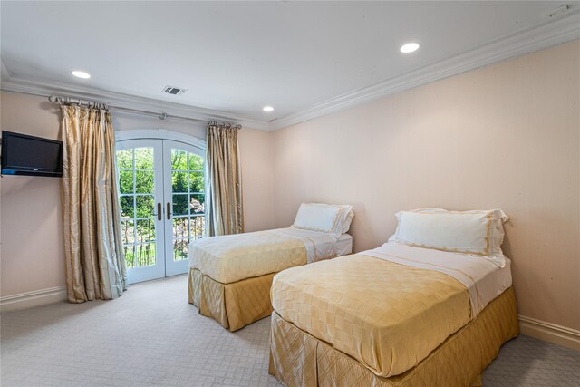 167 Brookville Rd, Brookville, NY 11545 - bedroom featuring access to exterior, french doors, ornamental molding, recessed lighting, and light carpet