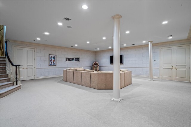 167 Brookville Rd, Brookville, NY 11545 - living area featuring light colored carpet, recessed lighting, stairs, and crown molding